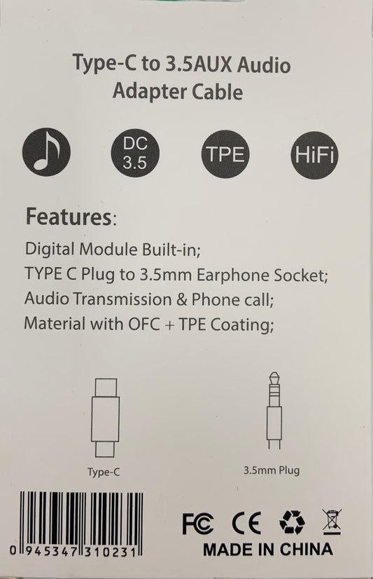 Type-C to 3.5 AUX Audio Adapter Cable