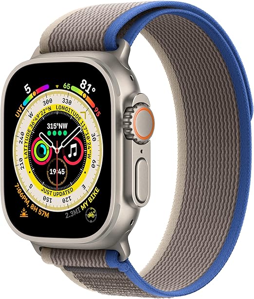 Apple Watch Ultra (GPS + Cellular) 49mm Titanium Case with Blue/Grey Trail Loop