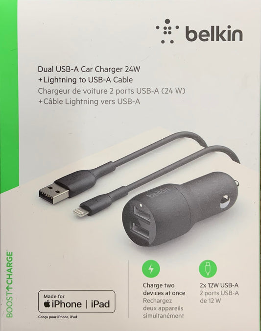 Belkin Dual USB-A Car Charger 24W + USB-A to Lightning Cable