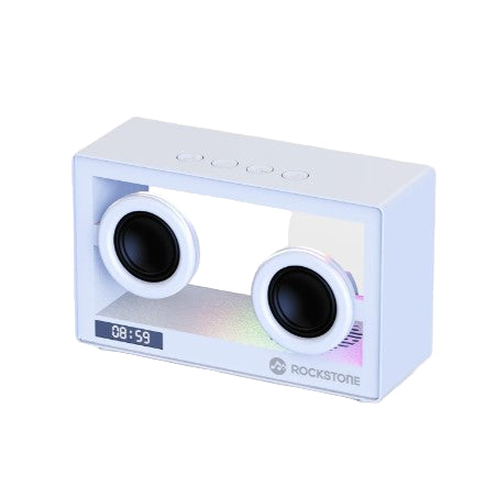 White electronic device with speakers and digital display on a light gray background